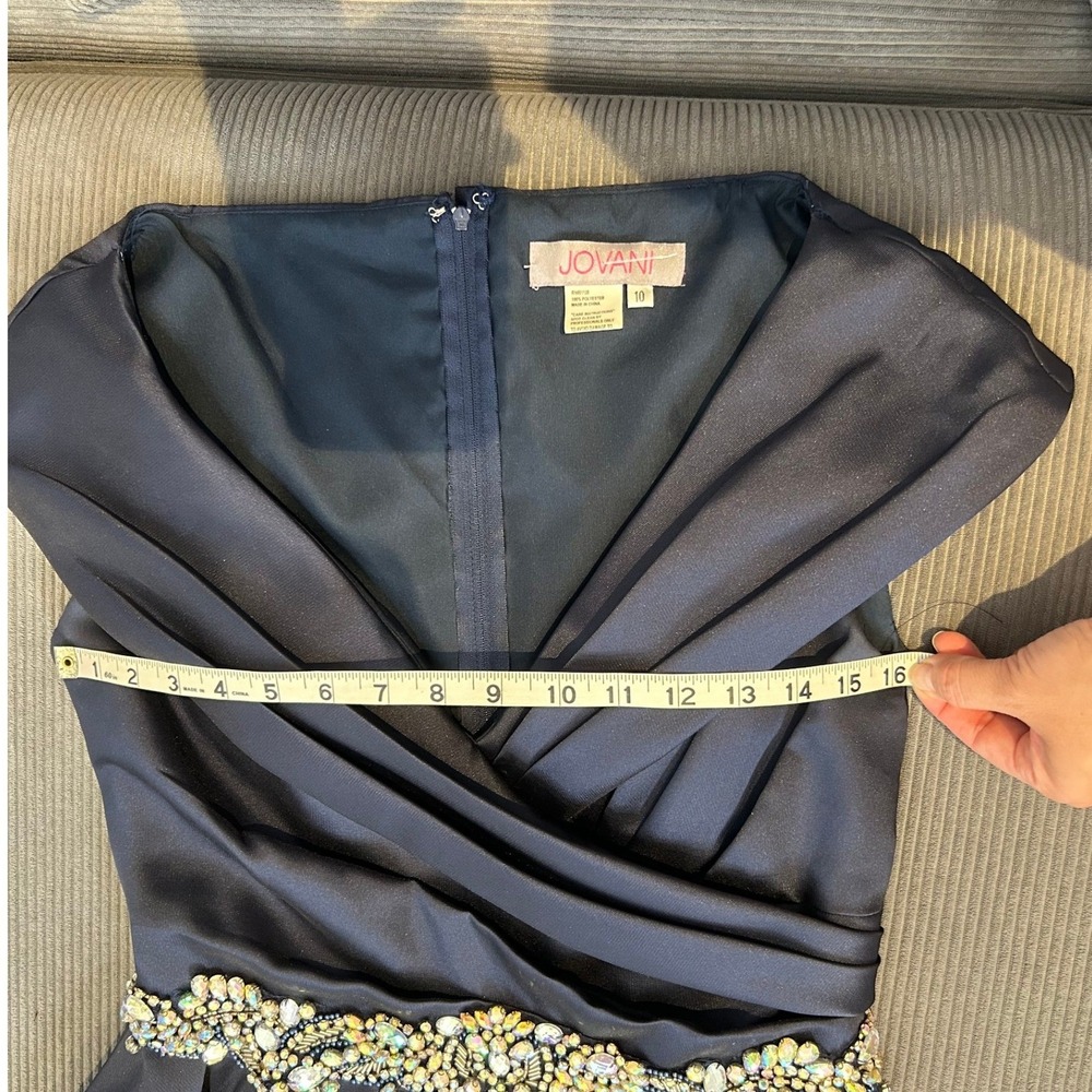 Jovani 25190 Navy Blue 10 Satin Portrait Neck Crystal Waist Evening Gown Dress - Picture 16 of 16